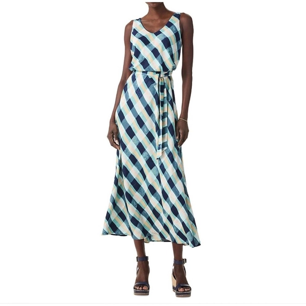 Nic+Zoe Womens Plaid V-Neck Sleeveless Maxi Dress Navy Teal Peach NEW Size S